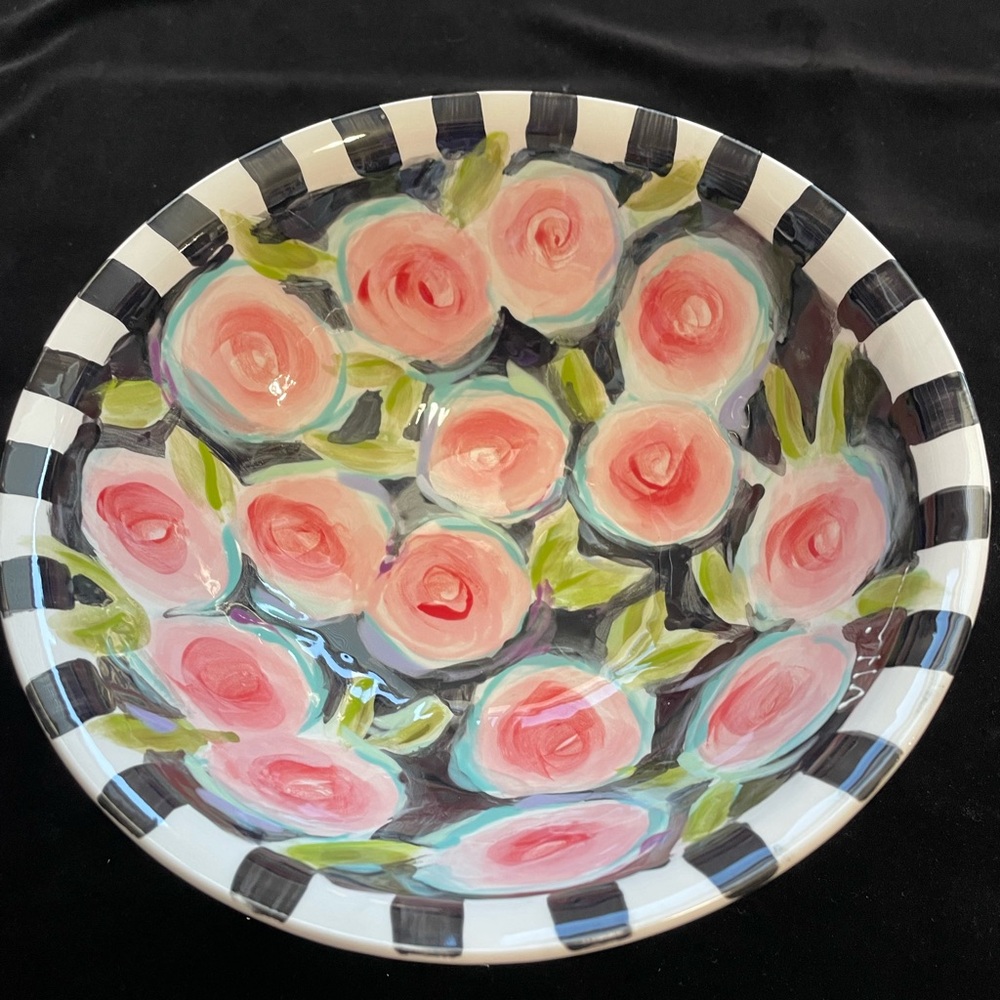 Hand Painted Ceramic “Peonies On Black “Bowl 10”x5.5” Original Design Pottery